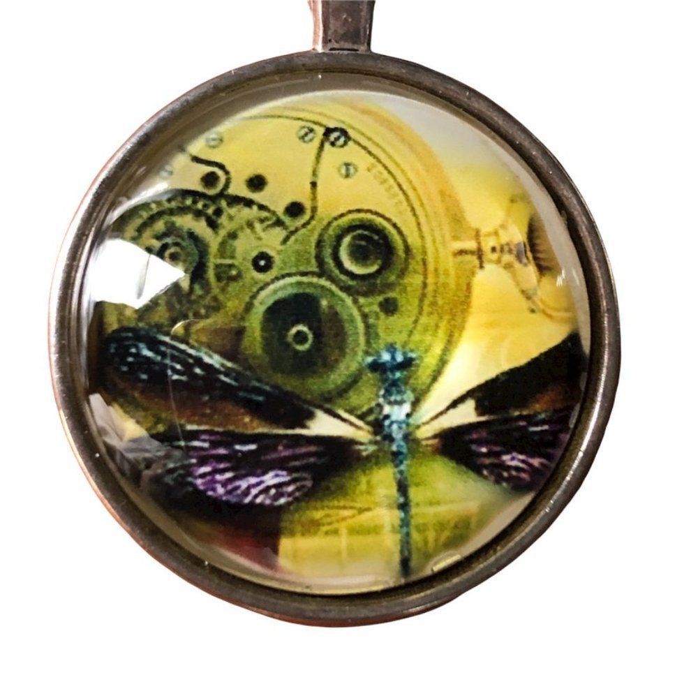 Steam Punk Dragonfly Watch Motif Pendant Glass Dog-tag Bag Charm